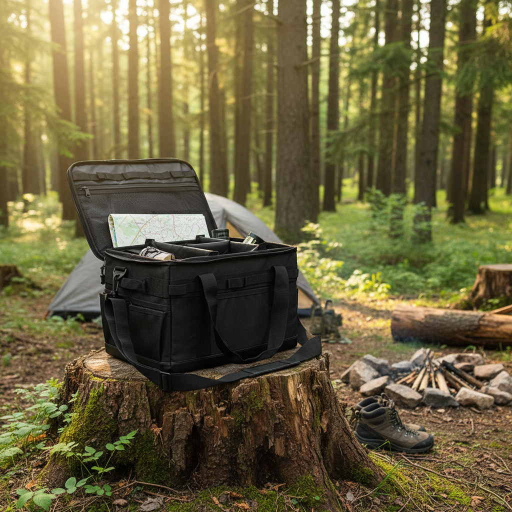 Camping gear storage bag packed with supplies outdoors near a tent and campfire
