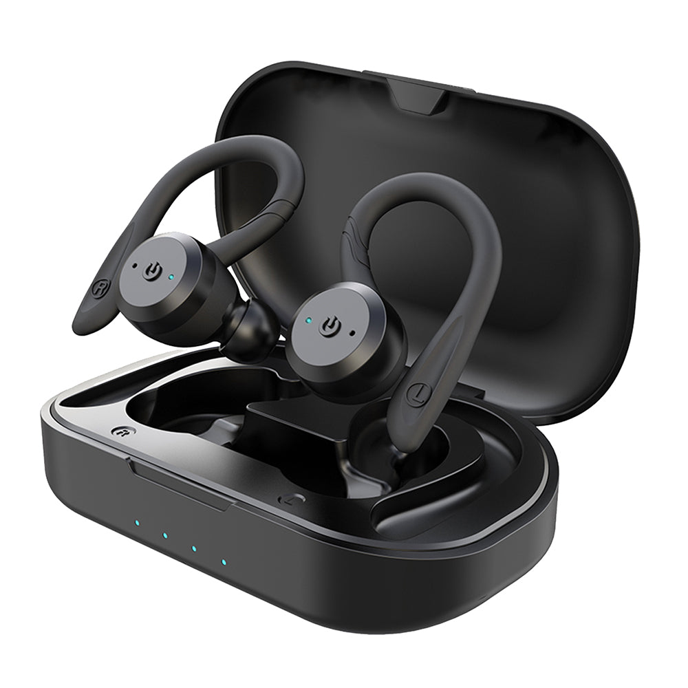 Black wireless sports headphones in charging case