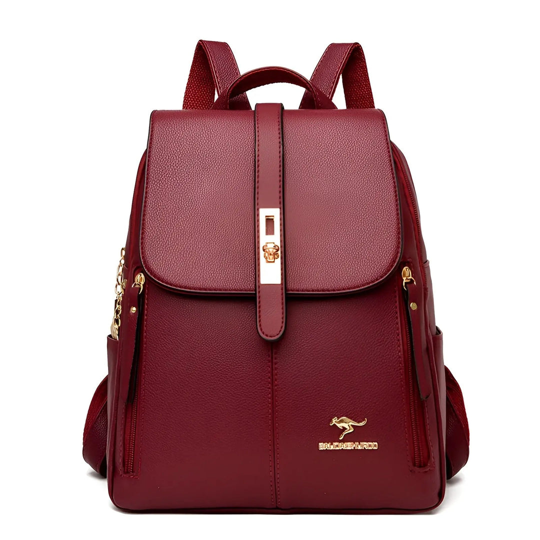 Front view of the bordeaux red Alena backpack displaying its elegant flap closure