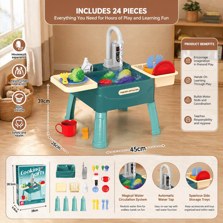 Toddler enjoying pretend play with kids outdoor play kitchen and water toy