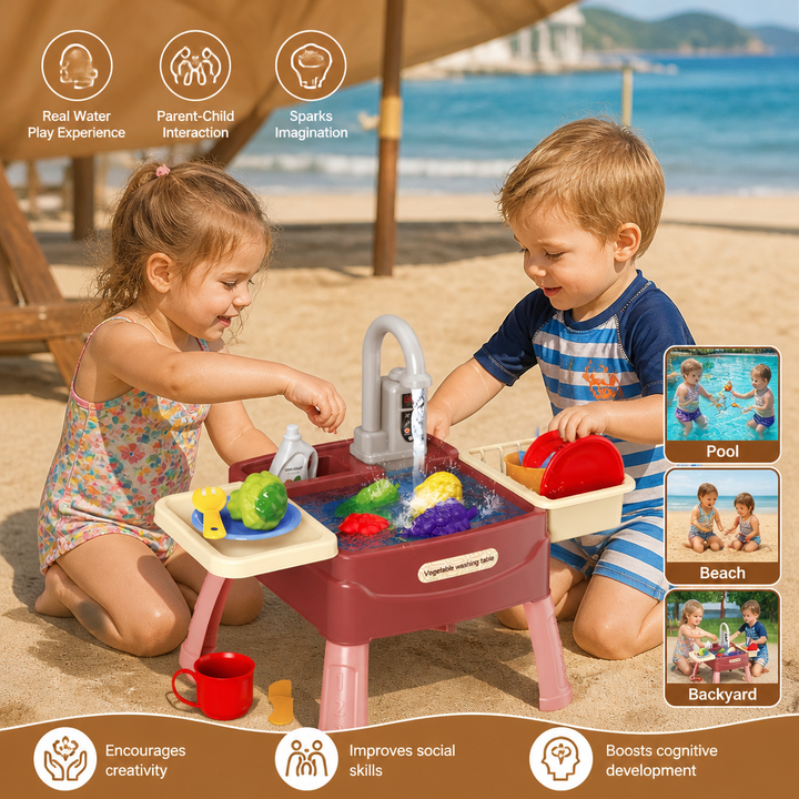 A child interacting with the Carmine Red outdoor play kitchen set at the beach.