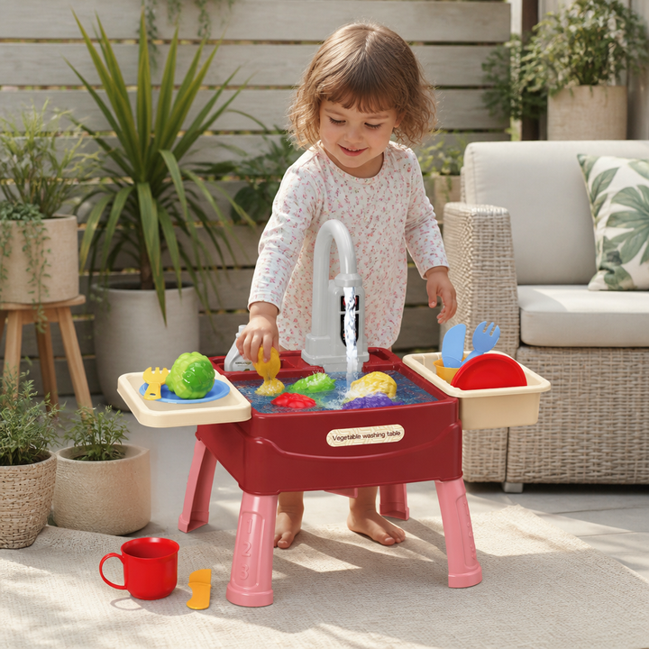 Children having fun with outdoor role play kitchen, best toddler gift