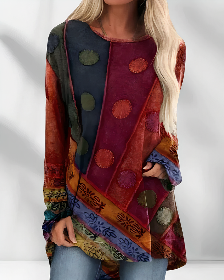 Woman wearing red bohemian artistic print long sleeve tunic top