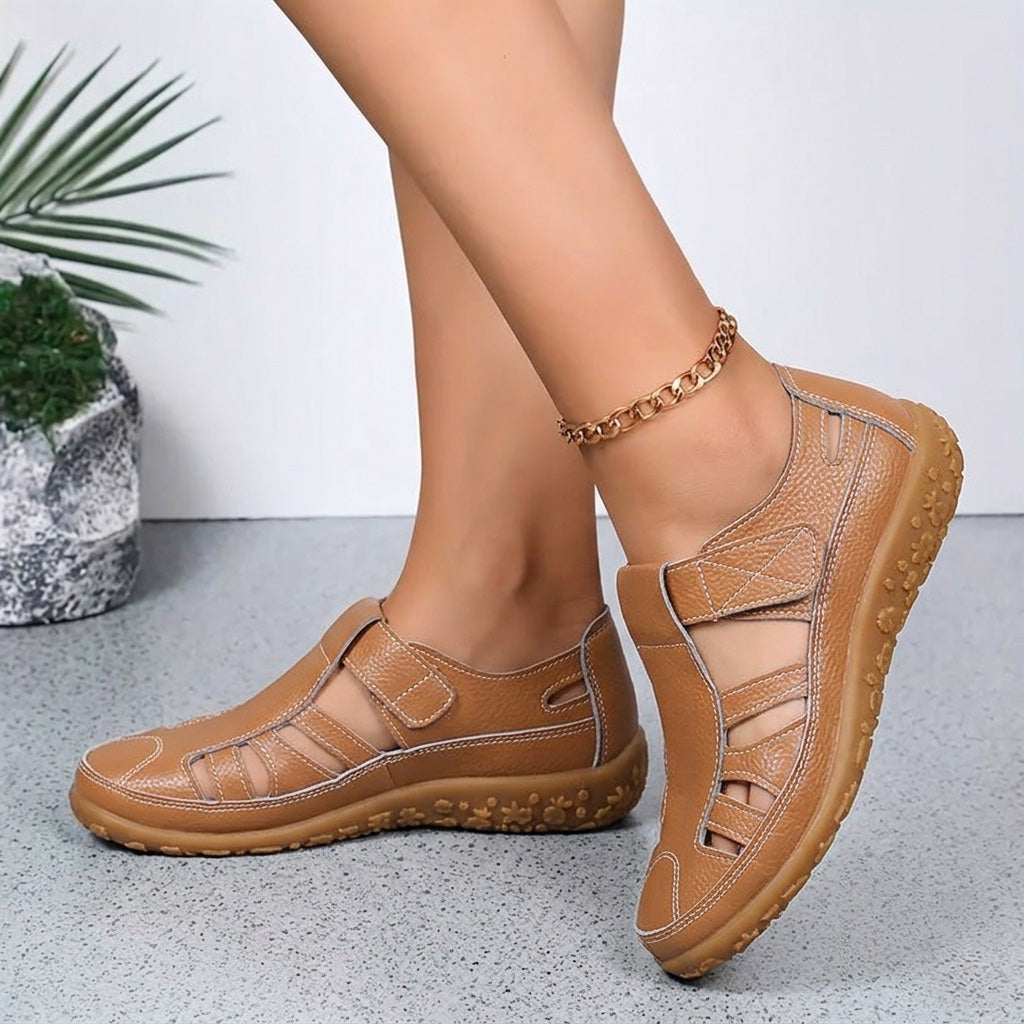 Womens arch support walking sandals in beige, showing comfortable contoured footbed and straps