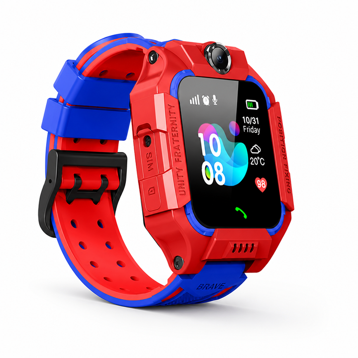 Lifestyle shot of child wearing blue safety watch with SOS emergency button