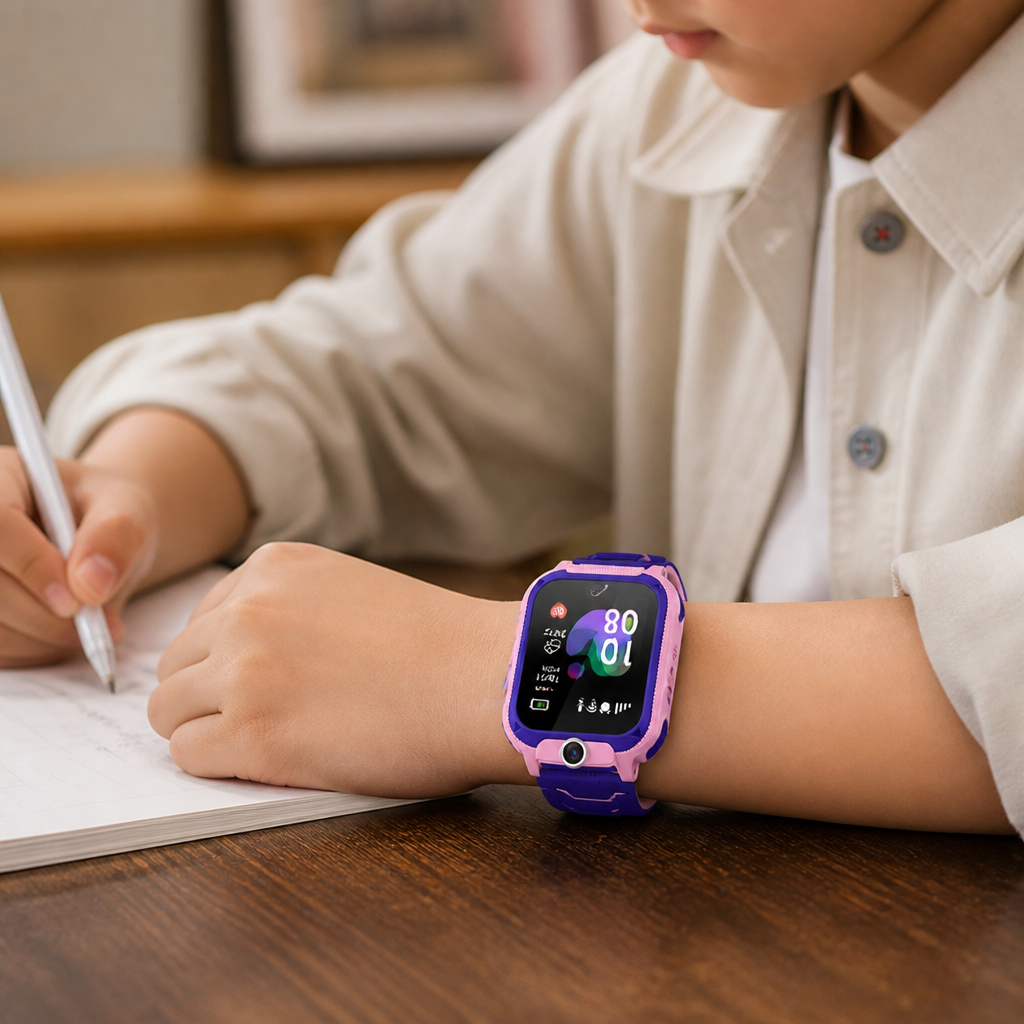 Kids smartwatch with GPS tracker and camera in vibrant blue color, front view