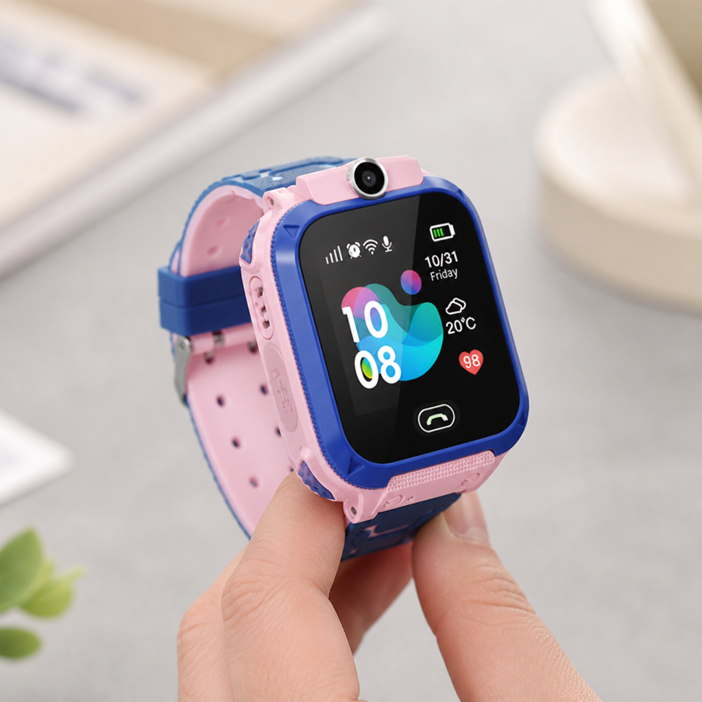 Children safety watch with SOS button and touchscreen display, pink model