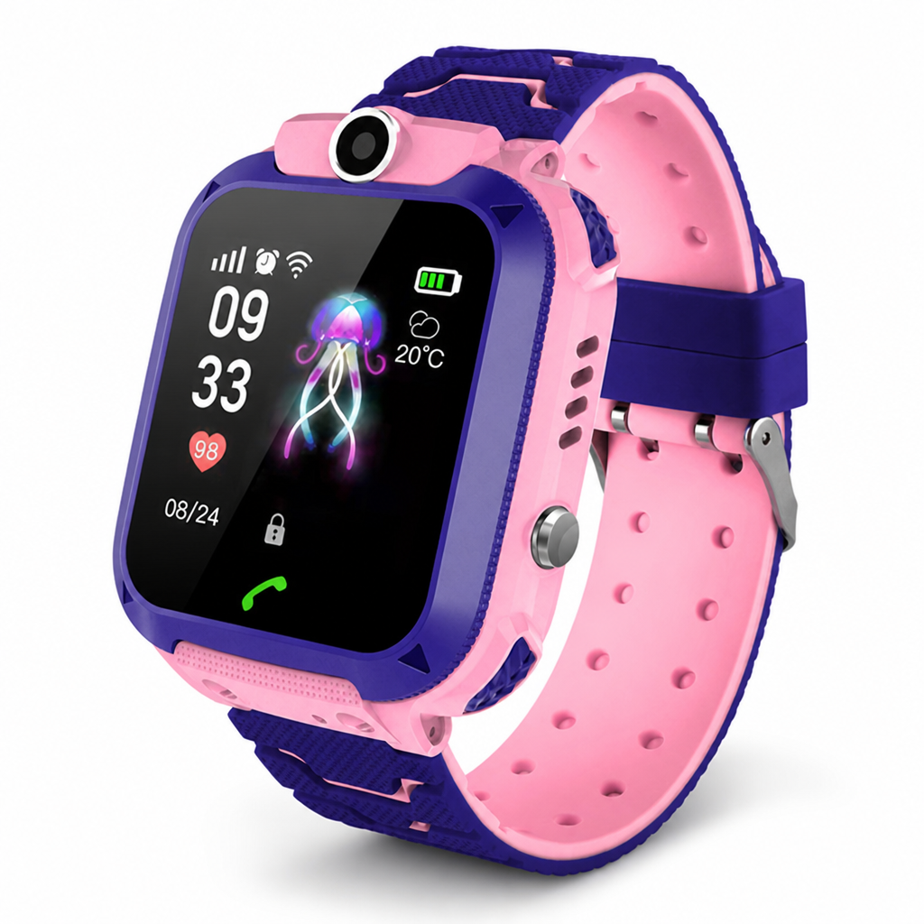 Side profile of blue kids smartwatch showing charging port and buttons