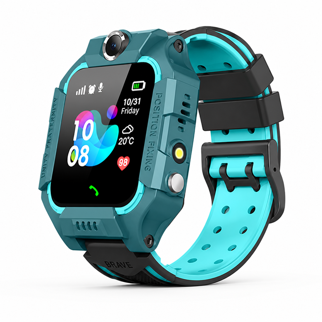Pink children GPS smartwatch displayed on a soft white background