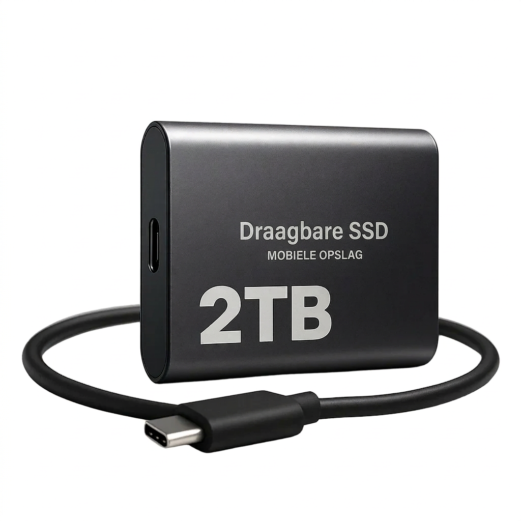 High-speed 2 TB portable external SSD in black with USB-C cable