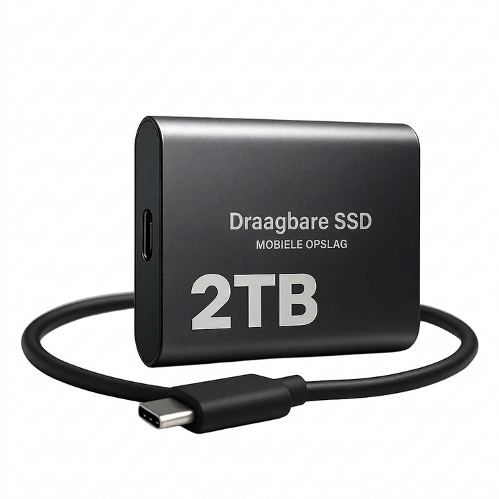 High-speed 2 TB portable external SSD in black with USB-C cable