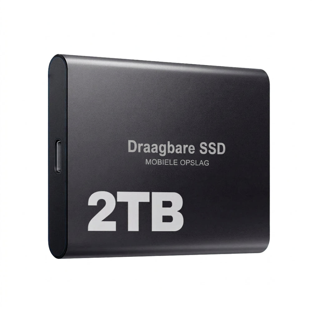 Compact black 2 TB external solid state drive front view