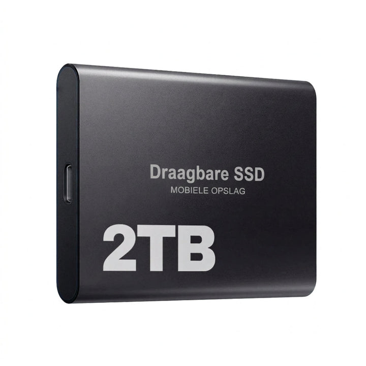 Compact black 2 TB external solid state drive front view