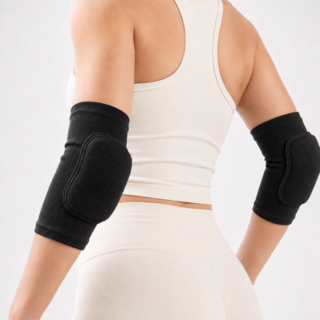 Athlete wearing black elastic padded elbow sleeves in athletic training
