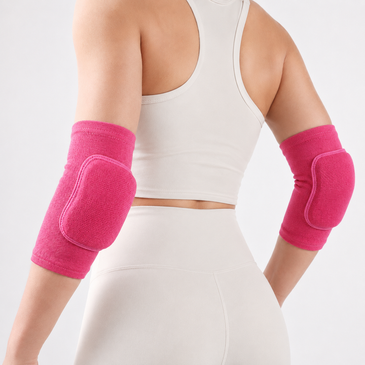 Flexible compression elbow sleeve featuring shock-absorbing padding for active sports