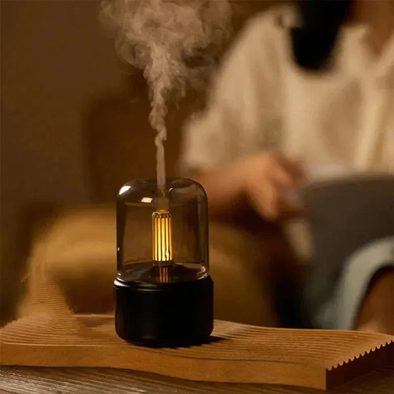 AromaLux Aromatherapy Diffuser emitting a fine mist in a cozy room setting
