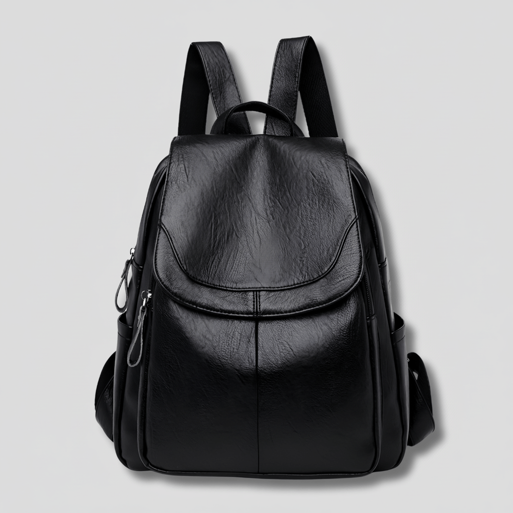 Black stylish women's backpack featuring front flap and side pockets