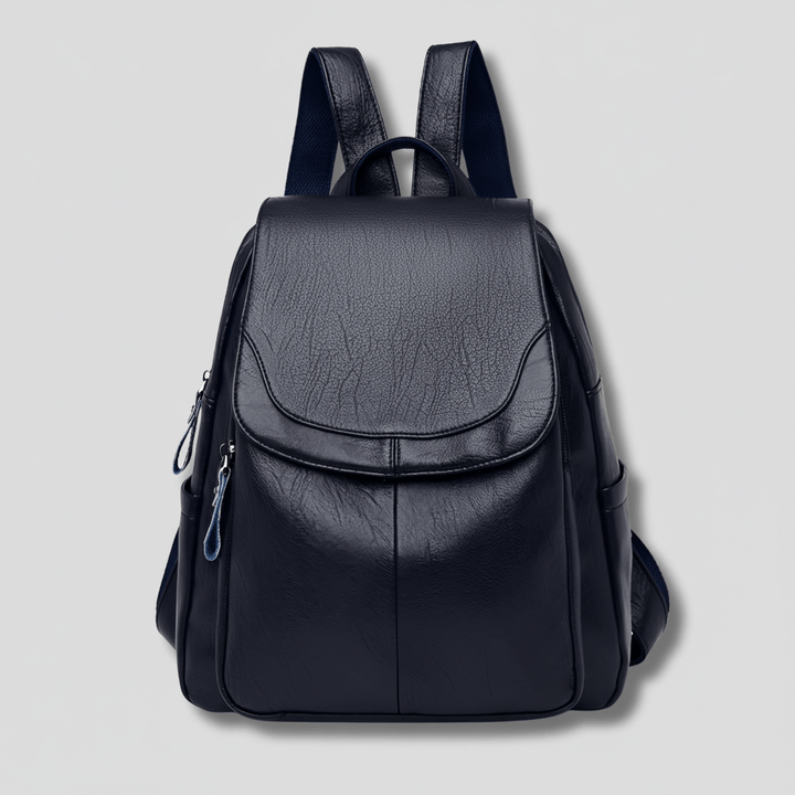 Detailed front view of the black textured anti-theft women's rucksack