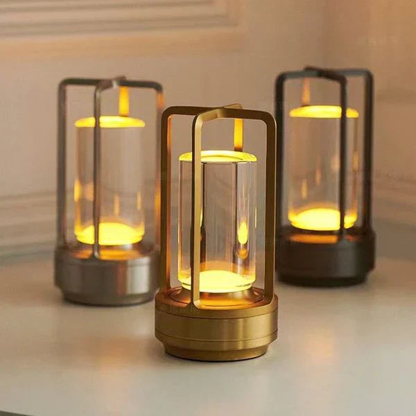 Elegant crystal table lamp casting sparkling patterns on a bedside nightstand