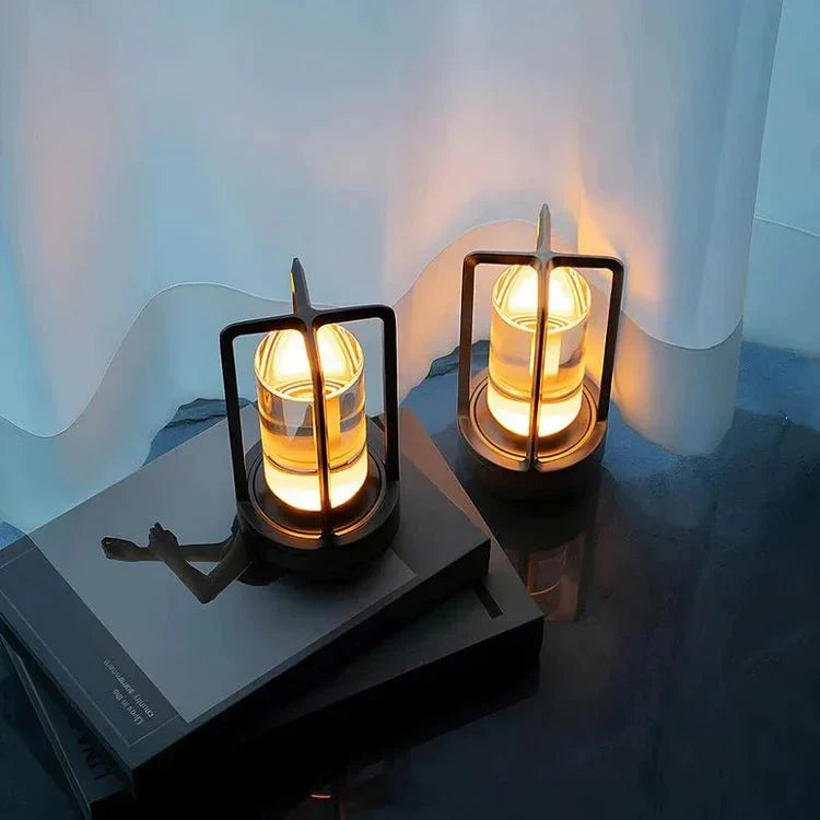 Close-up of the touch control base and sparkling crystal shade of the lamp