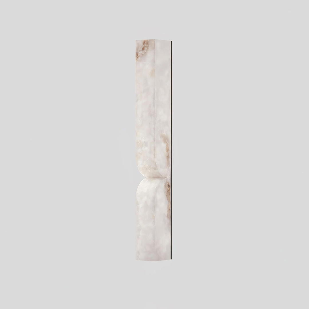 Architectural indoor lighting piece featuring a handcrafted alabaster stone shade