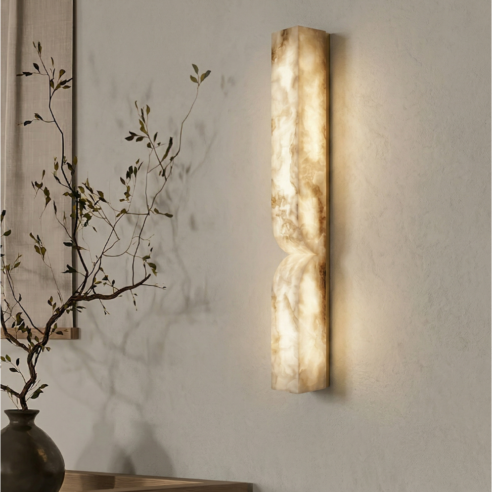 Interior lighting showcase featuring a dimmable alabaster wall fixture in a dining area