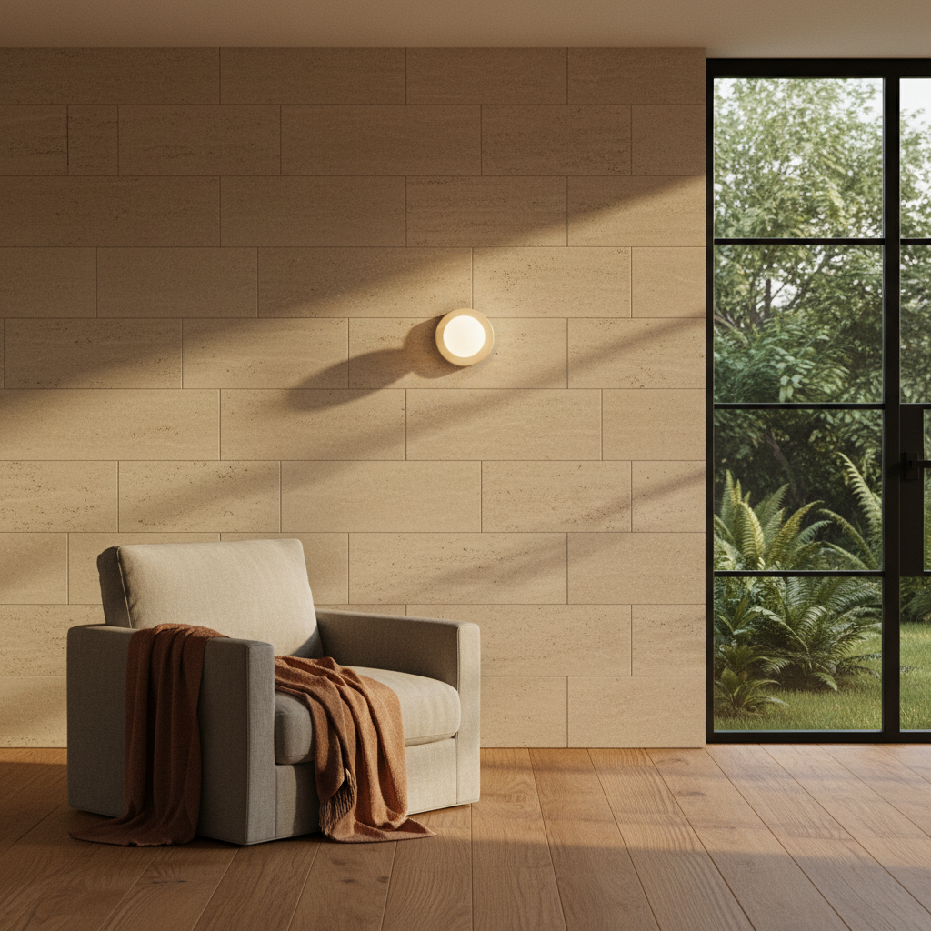Minimalist glass wall light mounted on a textured wall above a cozy armchair in a bright living room