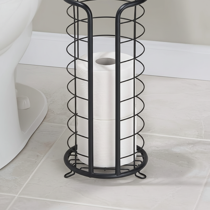 Freestanding toilet roll holder and storage stand for modern bathroom organization