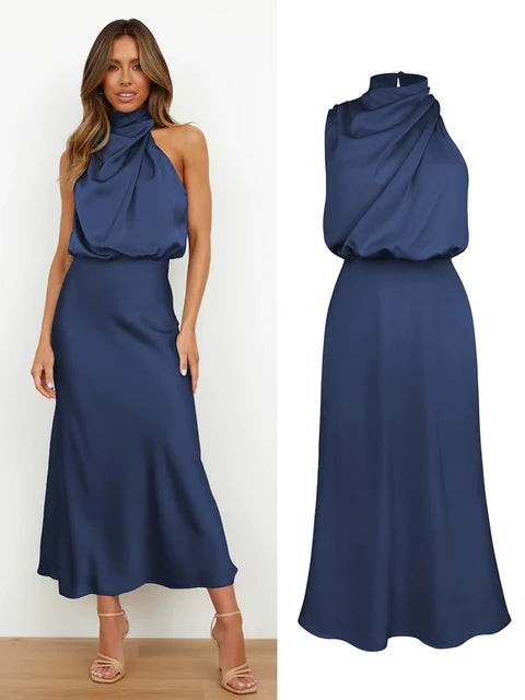 Back fastening detail on the stylish halter neck formal wear dress