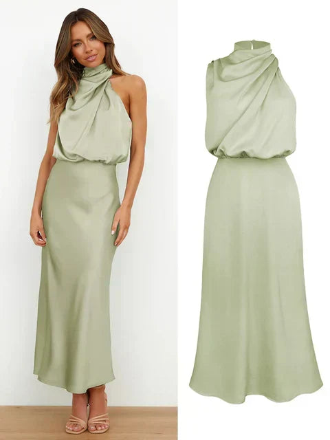 Full body shot of women's elegant midi dress in movement
