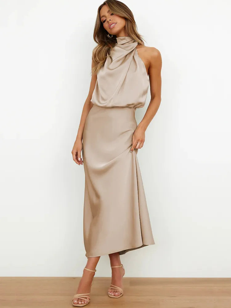 Close-up of the halter neck design on the women's formal party midi dress