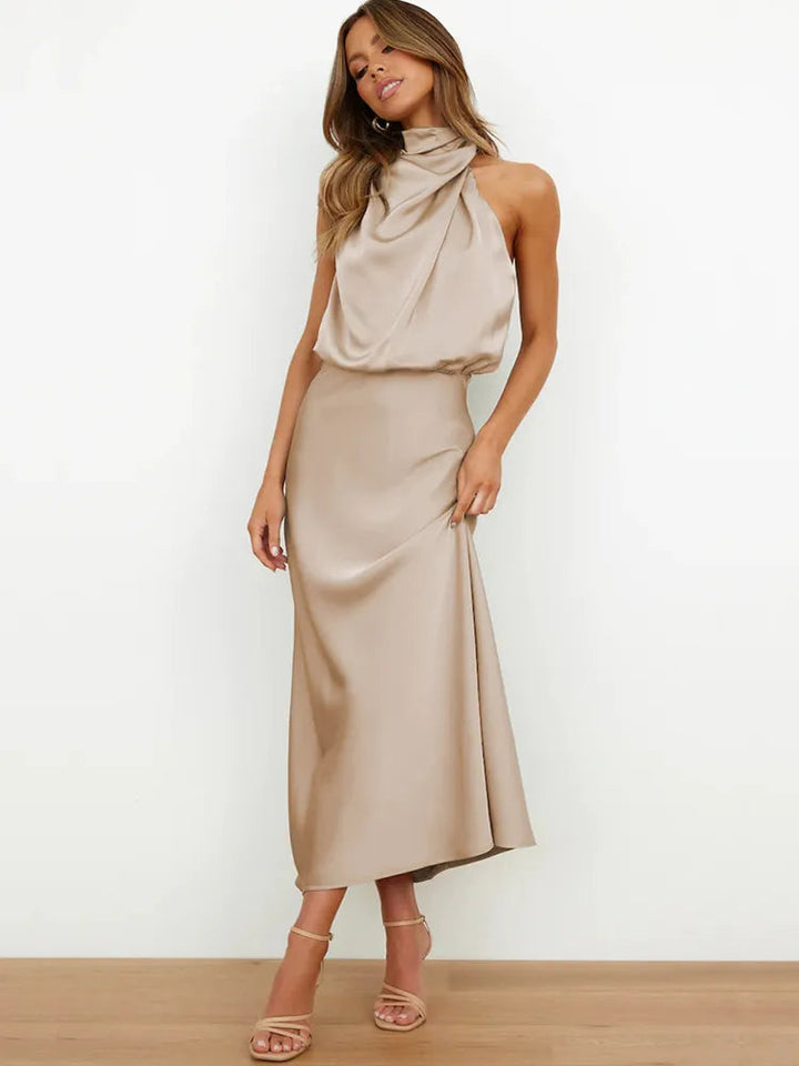 Close-up of the halter neck design on the women's formal party midi dress