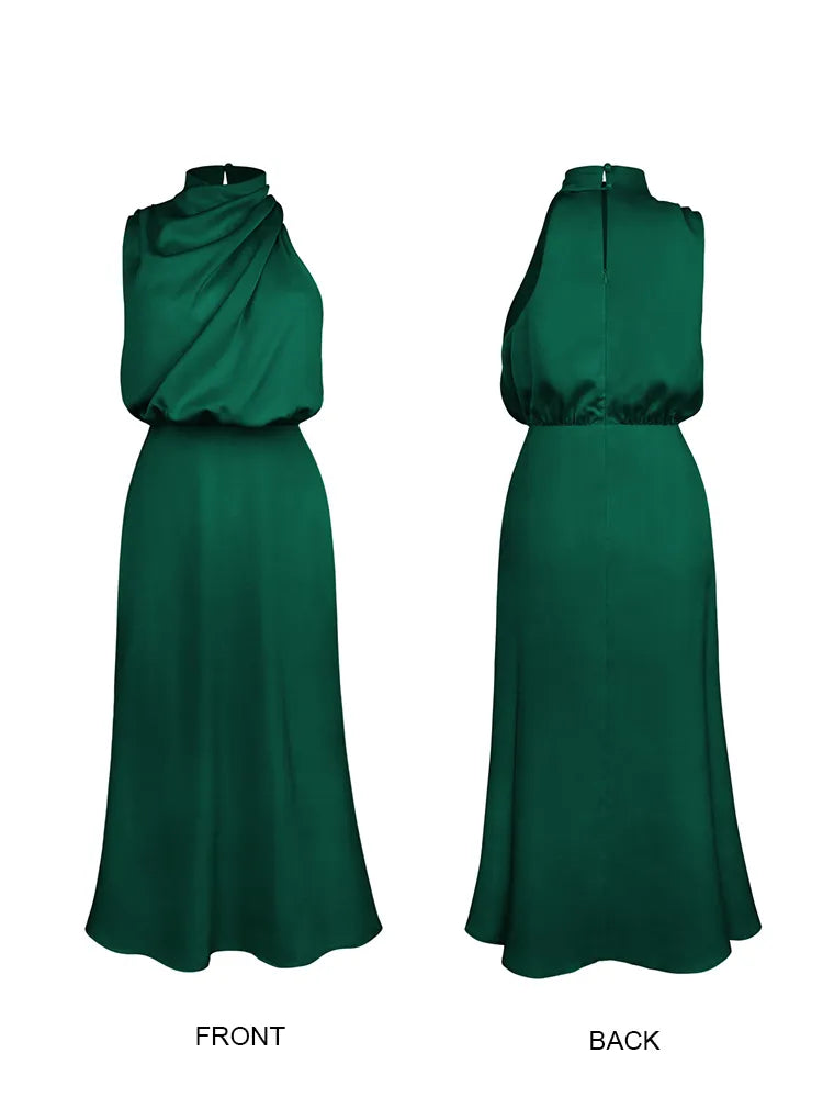 Side profile of the women's wedding guest dress showing midi length