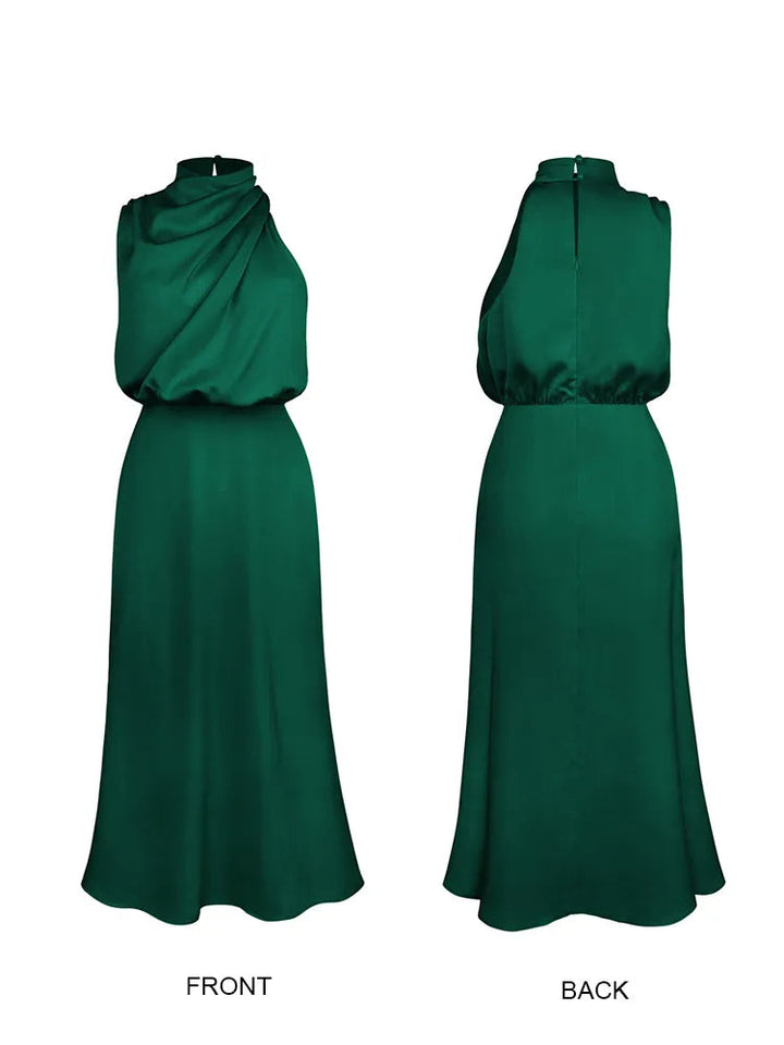 Side profile of the women's wedding guest dress showing midi length