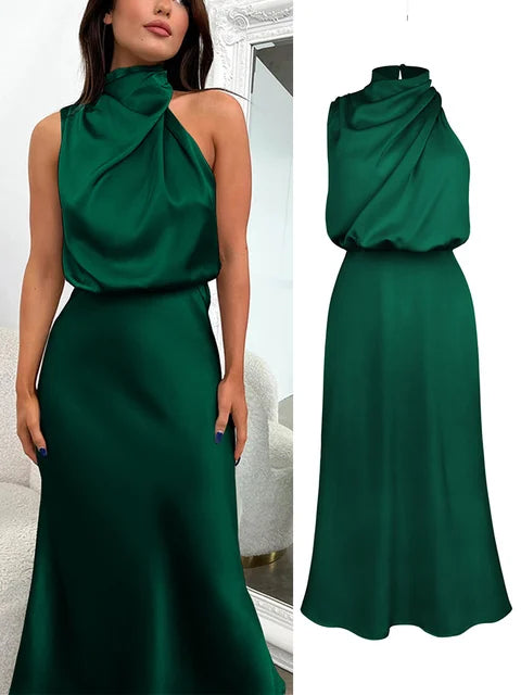 Halter neck midi dress styled with high heels for a formal evening look