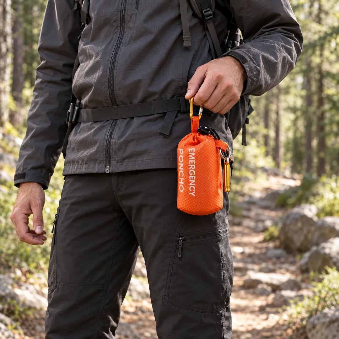 Person holding an orange emergency rain poncho pouch attached with a carabiner on a hiking trail