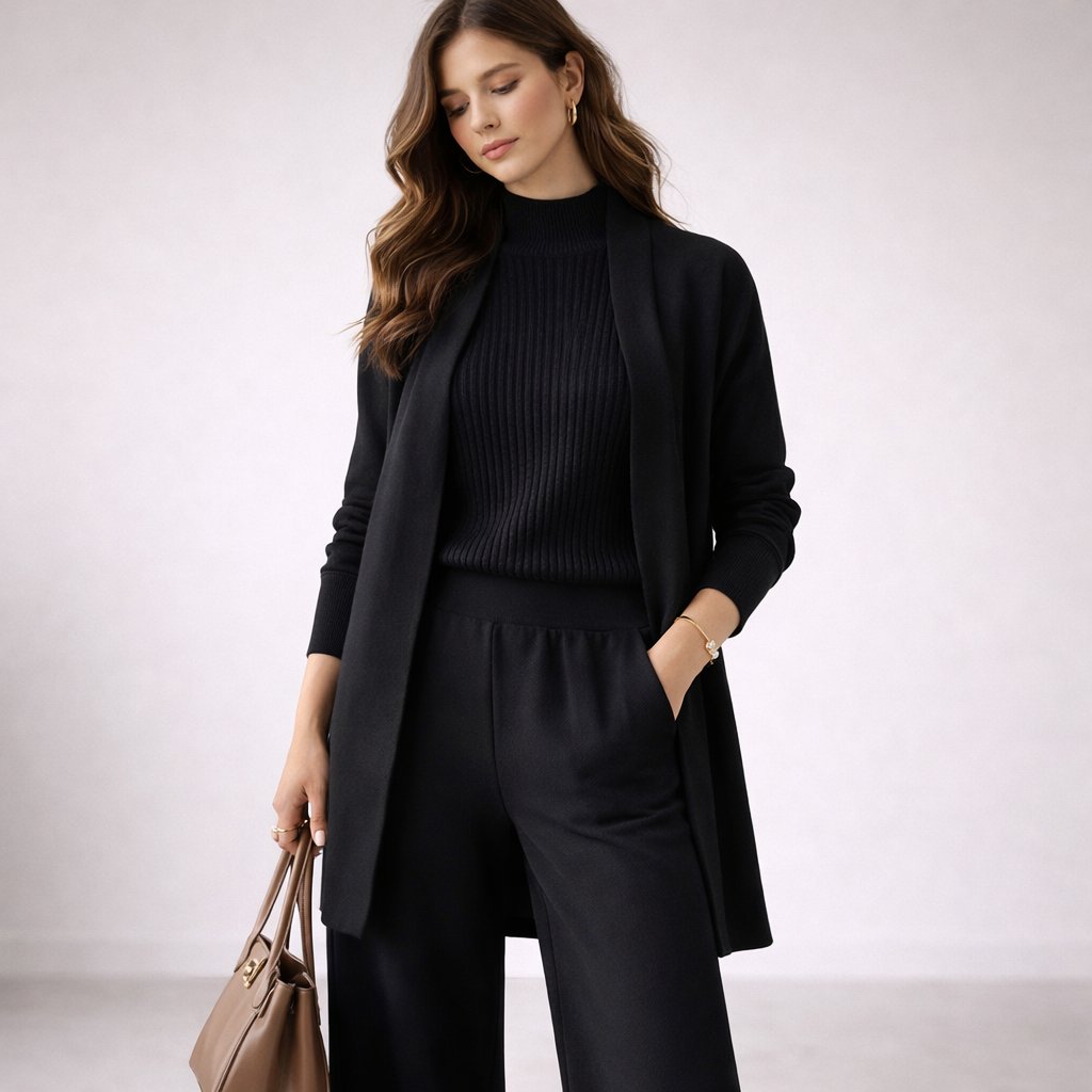 Model wearing a classic black three-piece knit lounge set holding a handbag