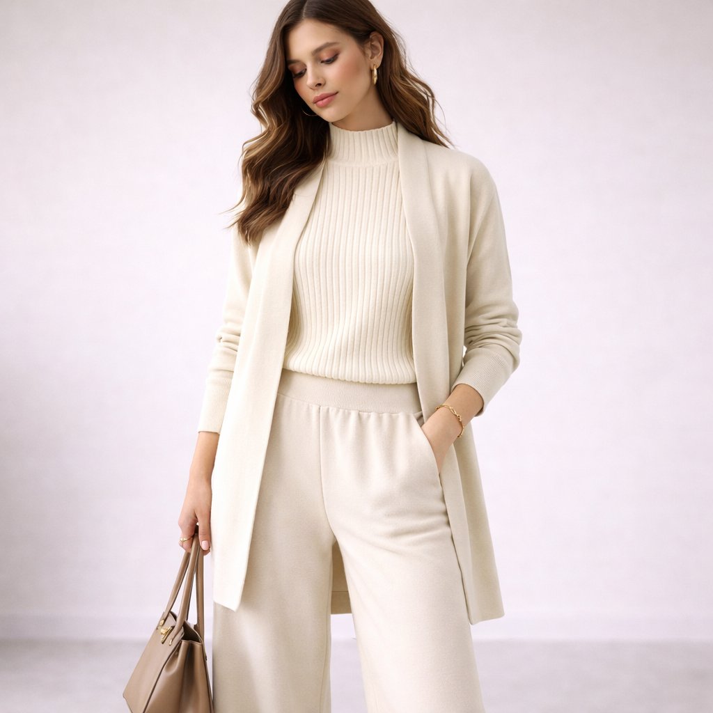 Close up of knit mock neck top and cardigan sweater from women's lounge set collection