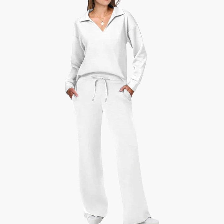 Detailed shot of the v-neck collar on the women's long sleeve top casual outfit