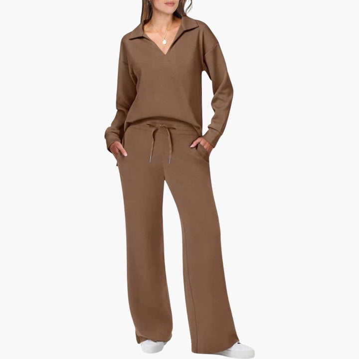 Close-up fabric detail of women's casual two-piece matching set showing soft textured material
