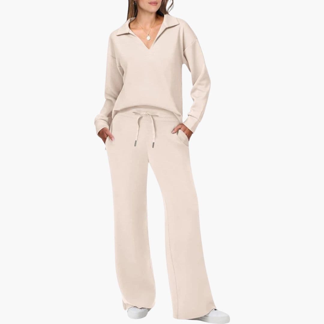 Full outfit flat lay of women's matching two-piece set with long sleeve top and pants