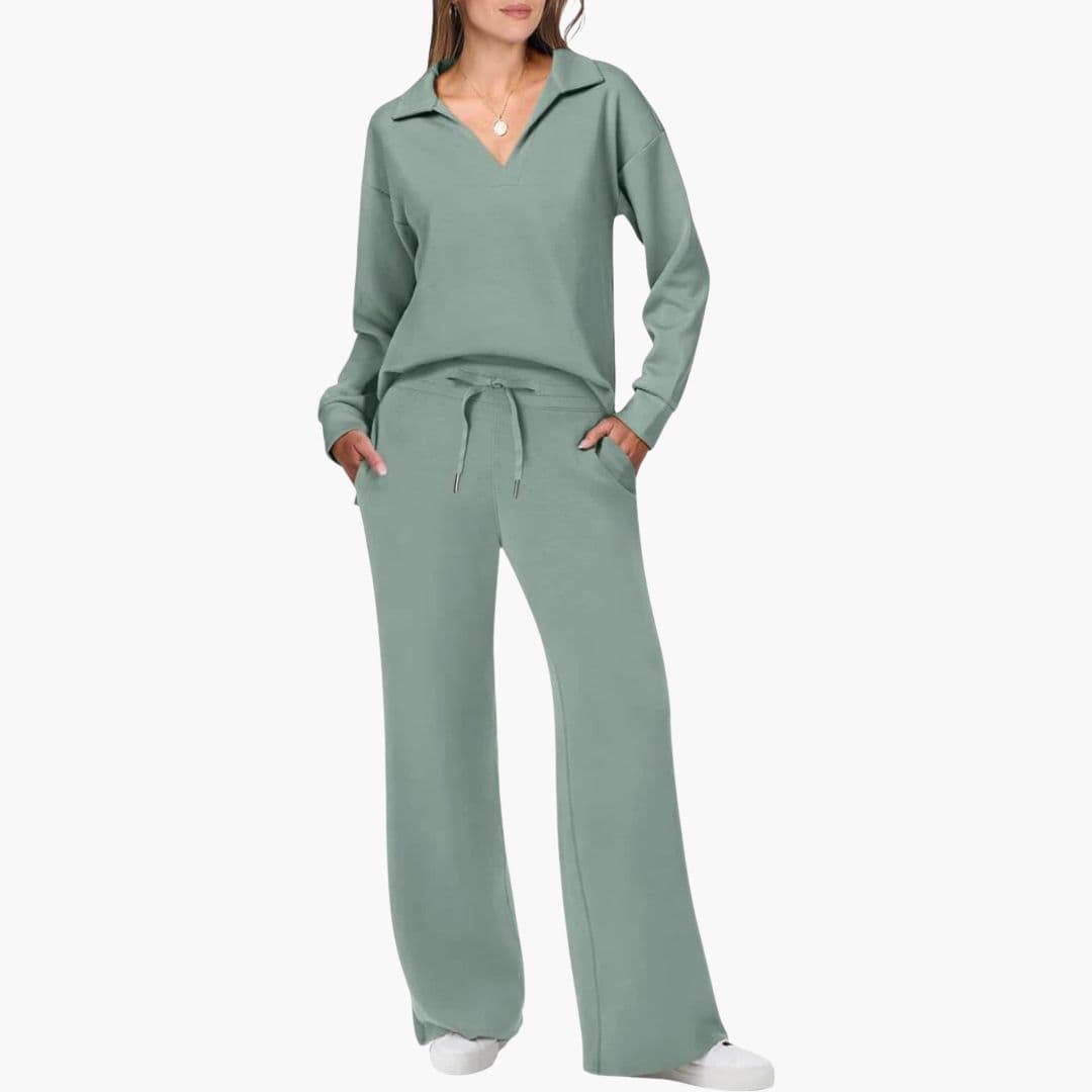 Model wearing sage green two-piece lounge set with drawstring trousers
