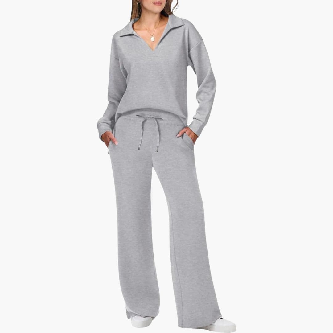 Back view of women's v-neck long sleeve top and wide leg pants set in cozy loungewear style