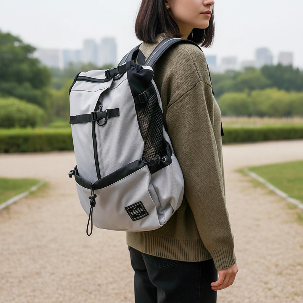 Woman wearing a grey ergonomic dog carrier backpack outdoors