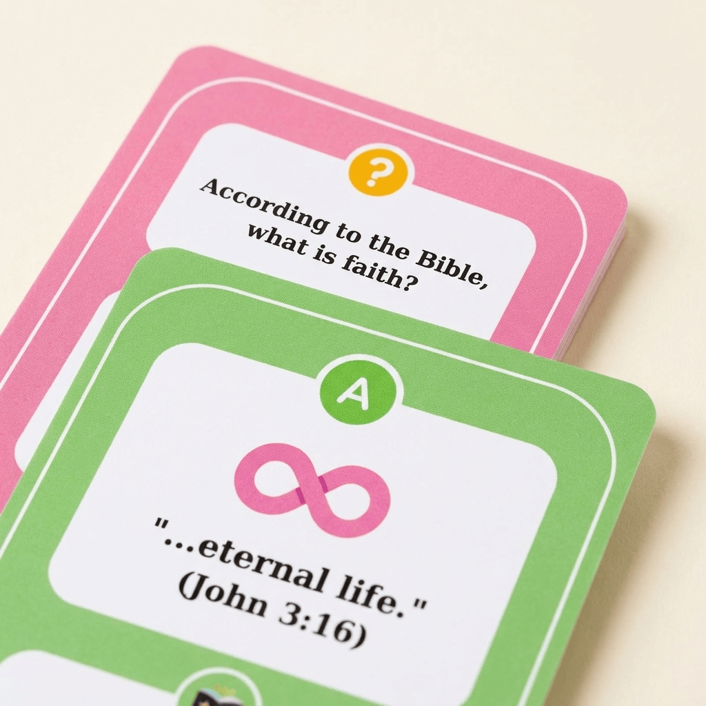 Close up of colourful Bible trivia game cards showing questions and answers