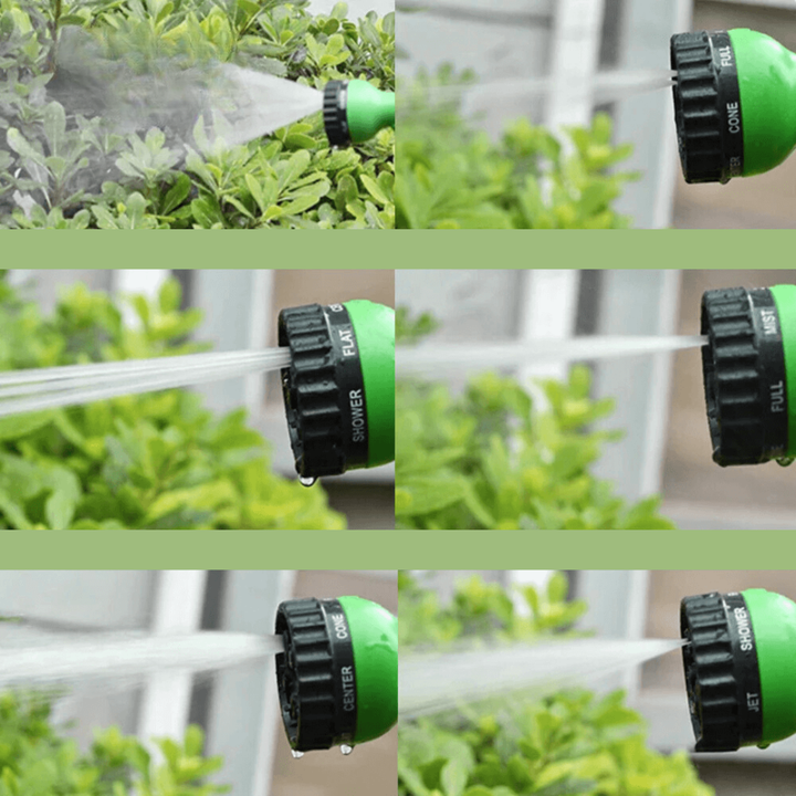 Close-up shots of various spray patterns from the garden hose nozzle