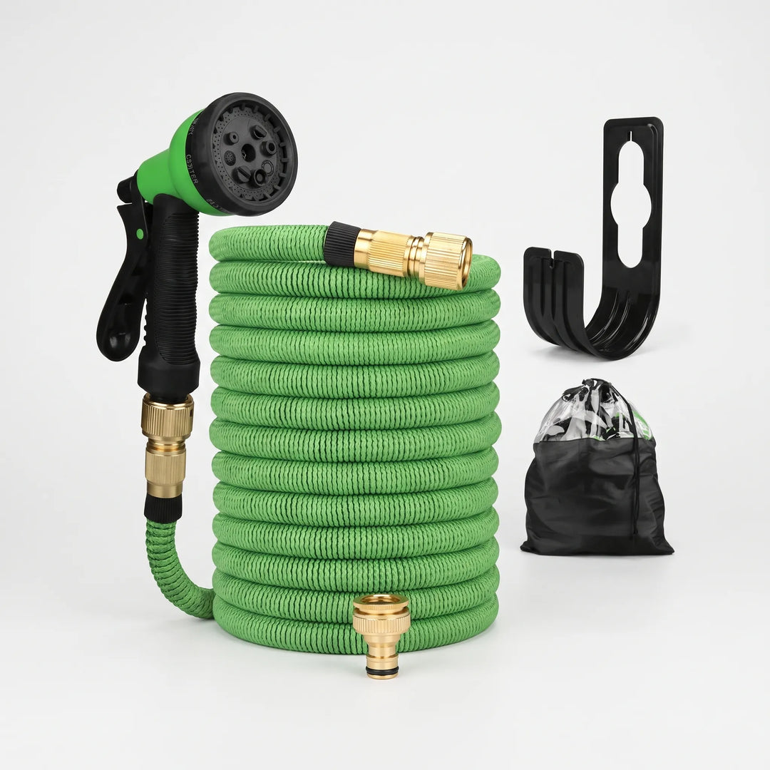 Flexible expandable garden hose connected to a multi-pattern spray nozzle for easy lawn care and watering.