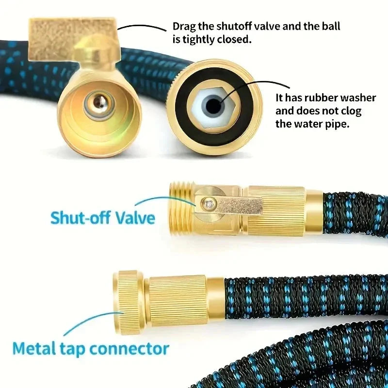 Close-up view of brass metal connectors and shut-off valve on the garden hose