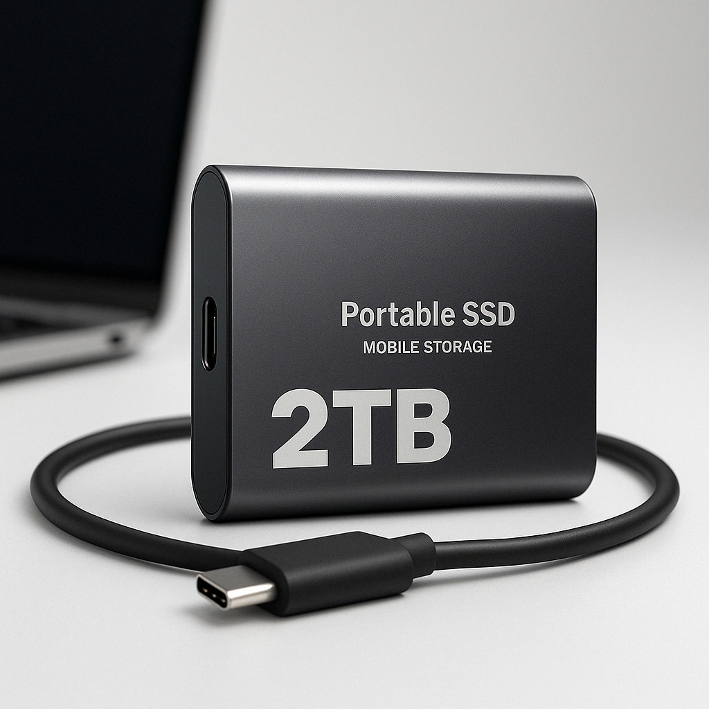 Black external 2 TB portable SSD connected with USB-C cable next to a laptop