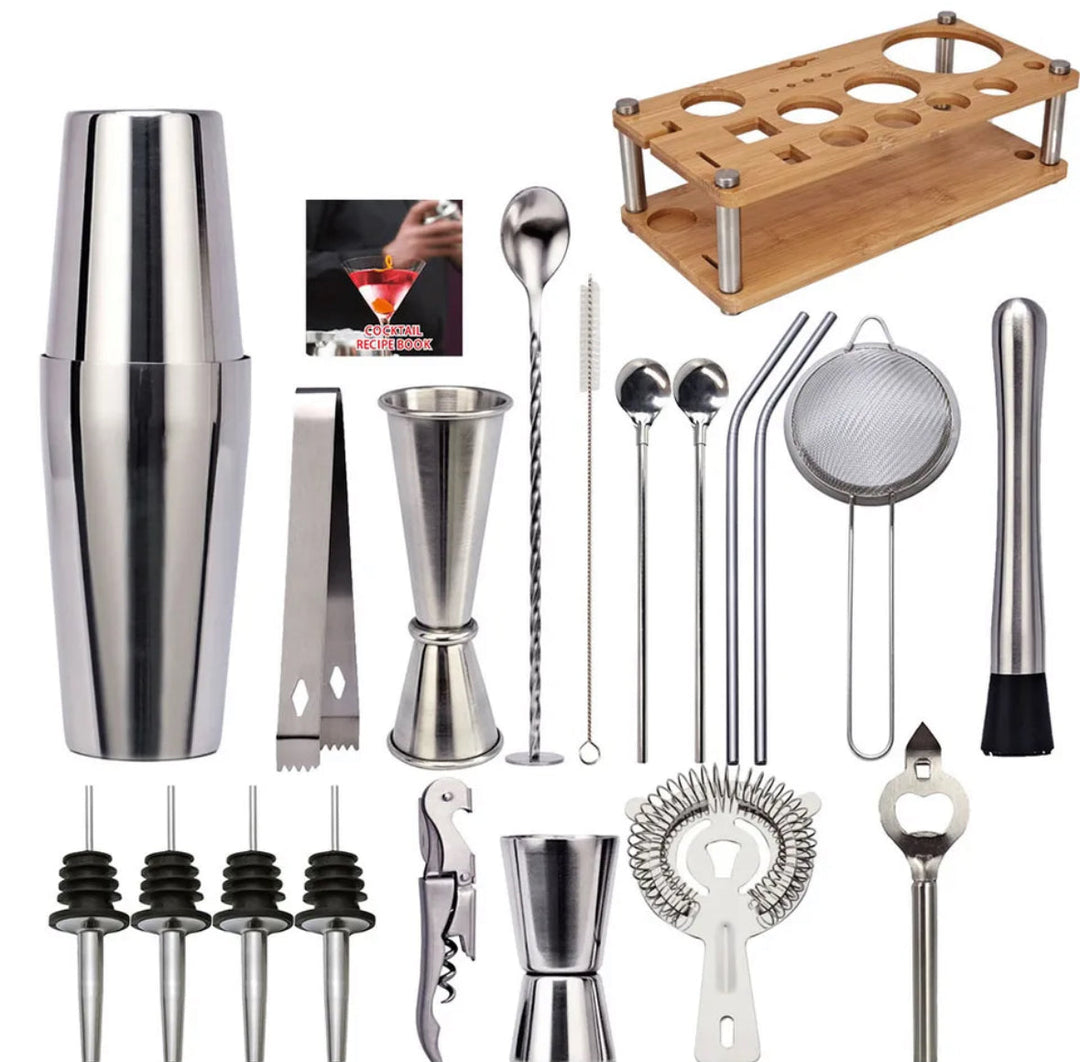 Complete bartender kit featuring drink mixer and essential bar accessories